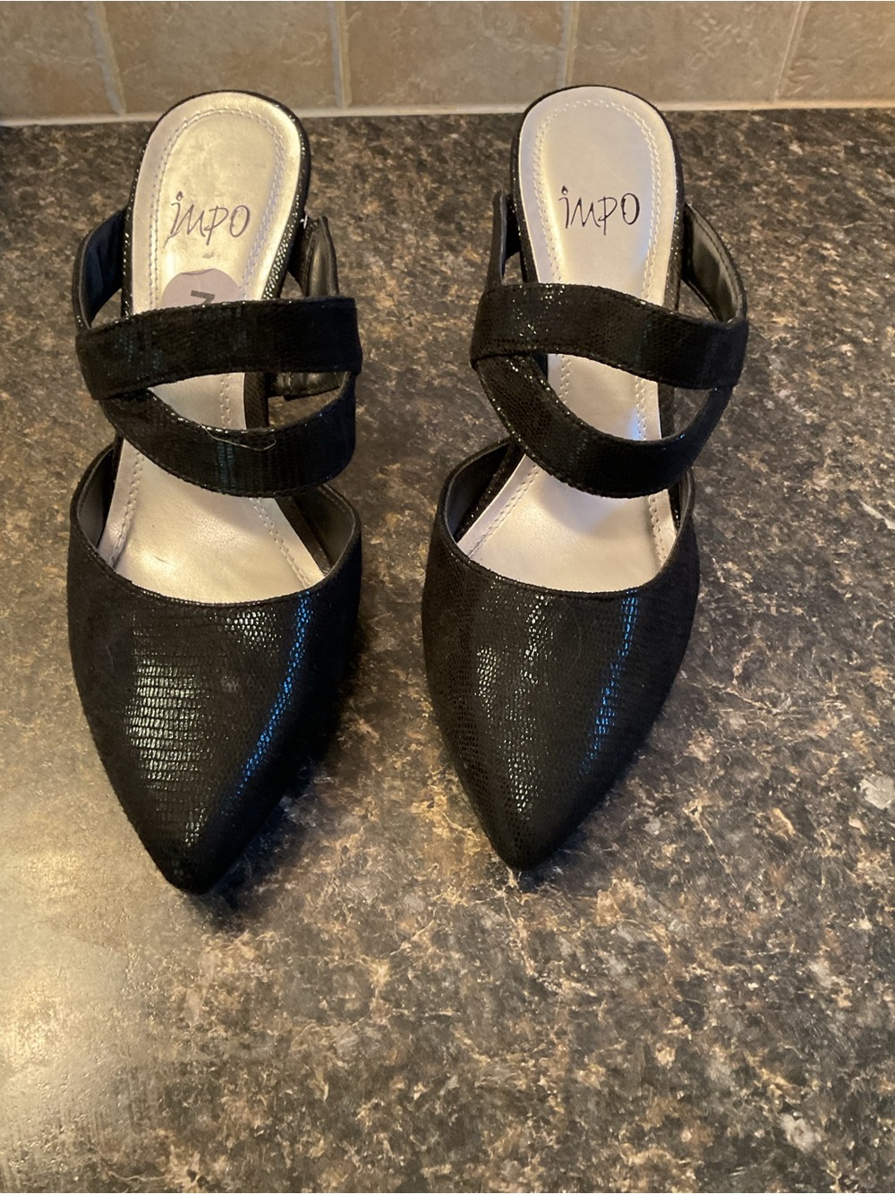 Impo Black Pointed Toe Slip-On Heels with Crisscross Straps